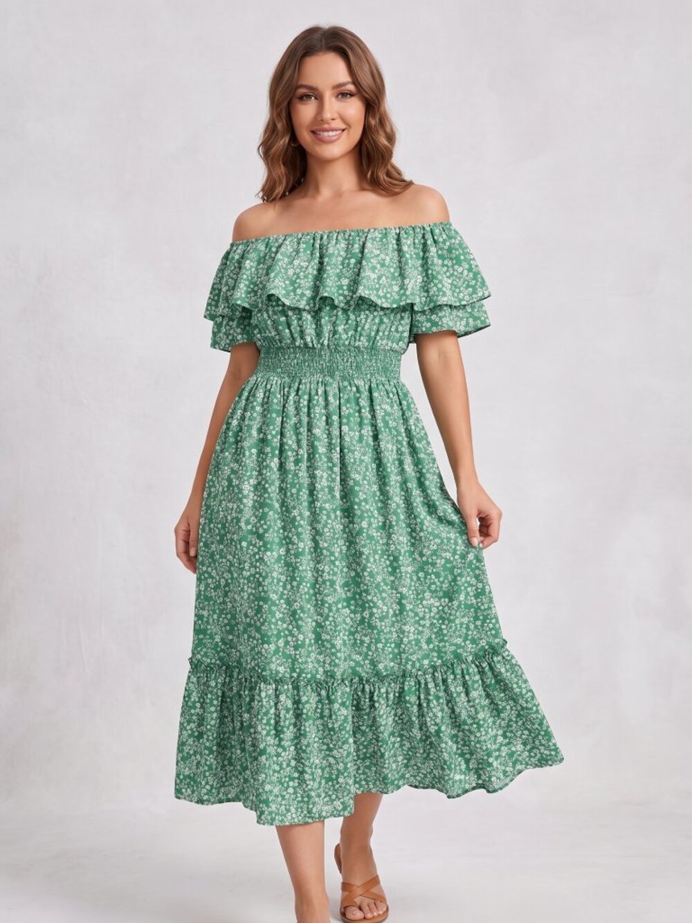 NWT | Prettywear Green Floral Ditsy Off-the-Shoulder Smocked Dress Small